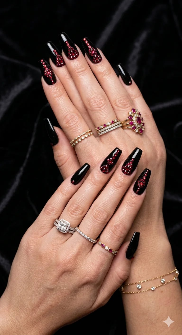 Black Coffin Nails with Glitter and Red Rhinestones — Nails for Black Dress