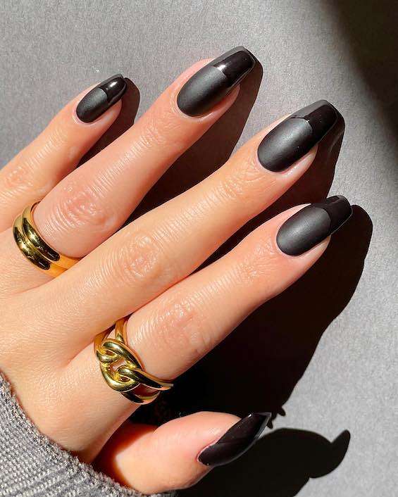 Black Matte and Glossy Two-Tone Long Coffin Nails — Nails for Black Dress