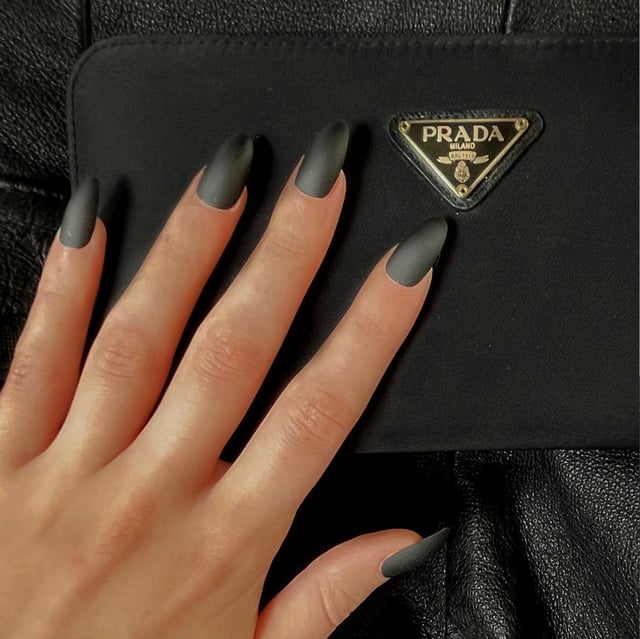 Velvety Black Matte Short Almond Nails — Nails for Black Dress