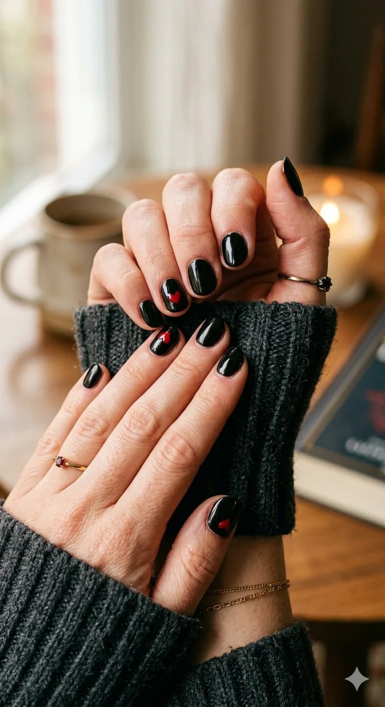 Black Glossy Short Oval with Red Heart Accent — Nails for Black Dress
