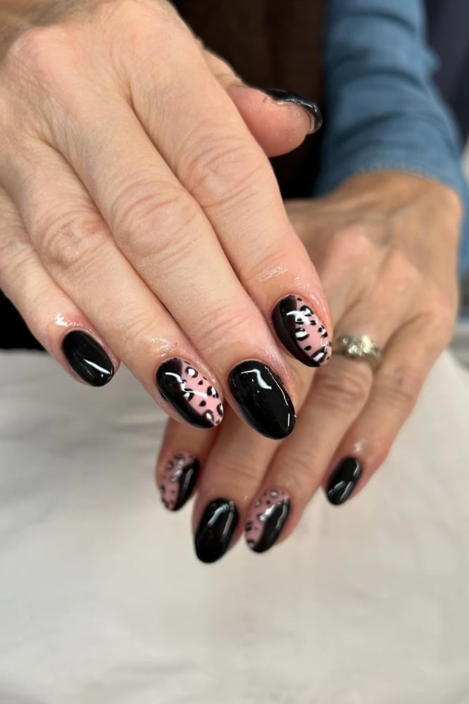 Black Glossy Short Oval with Leopard Accents — Nails for Black Dress