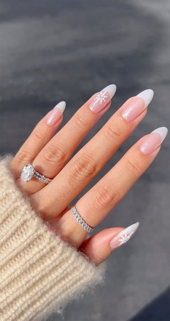 Snowflake French Medium Almond Nails Snowflake French Medium Almond Nails — Nails for Blondes
