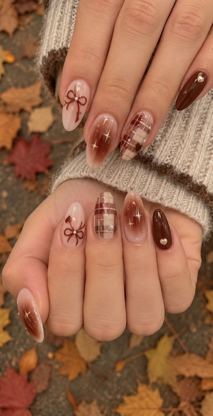 Plaid and Bow Short Almond Nails Plaid and Bow Short Almond Nails — Nails for Brunettes