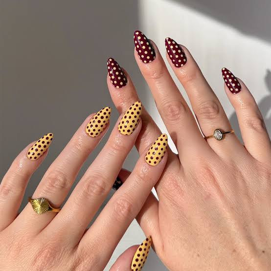 Polka Dot Burgundy Yellow Medium Almond Nails Polka Dot Burgundy Yellow Medium Almond Nails — Nails for Brunettes