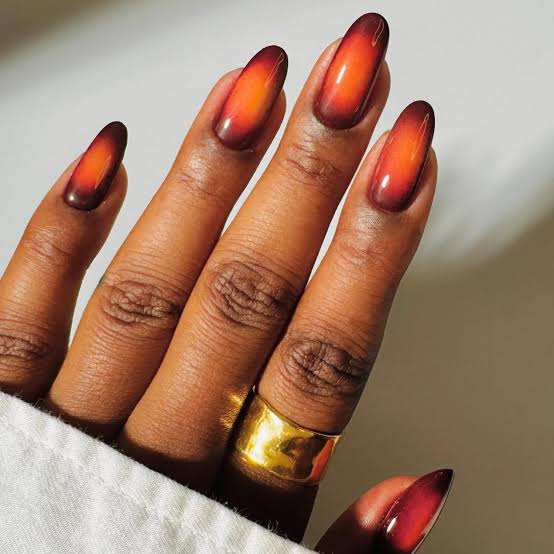 Dark Brown to Orange-Red Gradient Almond Nails Dark Brown to Orange-Red Gradient Almond Nails — Nails for Brunettes