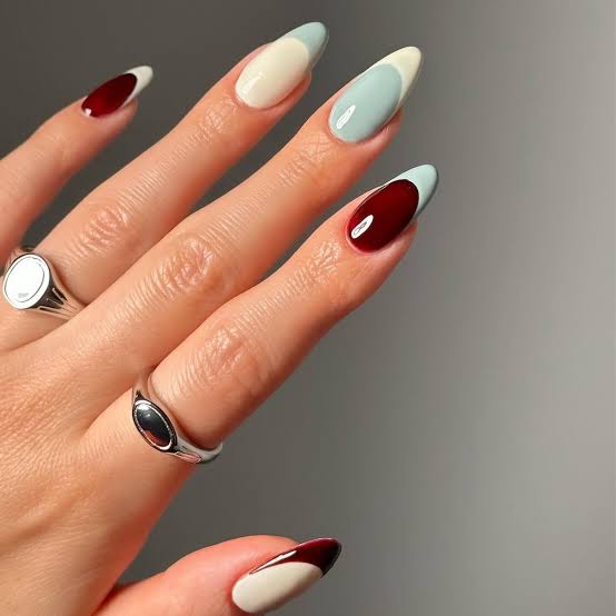 Burgundy Cream Light Blue Color Block Almond Nails Burgundy Cream Light Blue Color Block Almond Nails — Nails for Brunettes