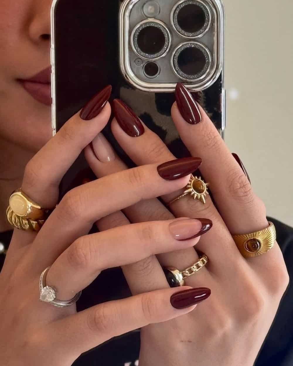 Deep Red French Tip Medium Almond Nails Deep Red French Tip Medium Almond Nails — Nails for Brunettes
