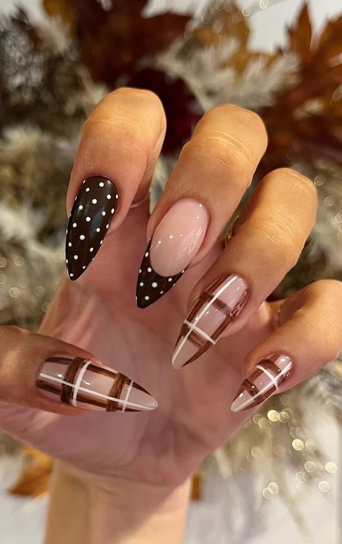 Plaid Polka Dot French Long Coffin Nails Plaid Polka Dot French Long Coffin Nails — Nails for Brunettes
