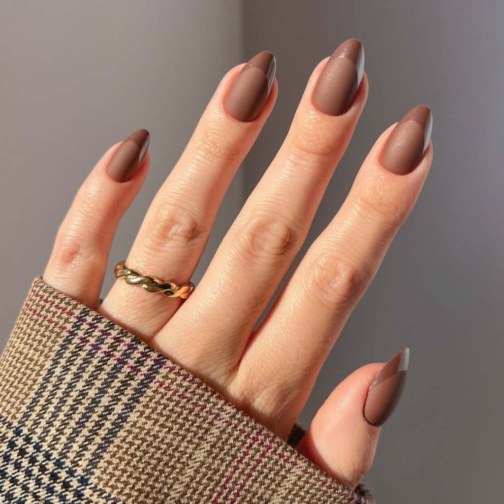 Matte and Glossy Dark Brown French Almond Nails Matte and Glossy Dark Brown French Almond Nails — Nails for Brunettes