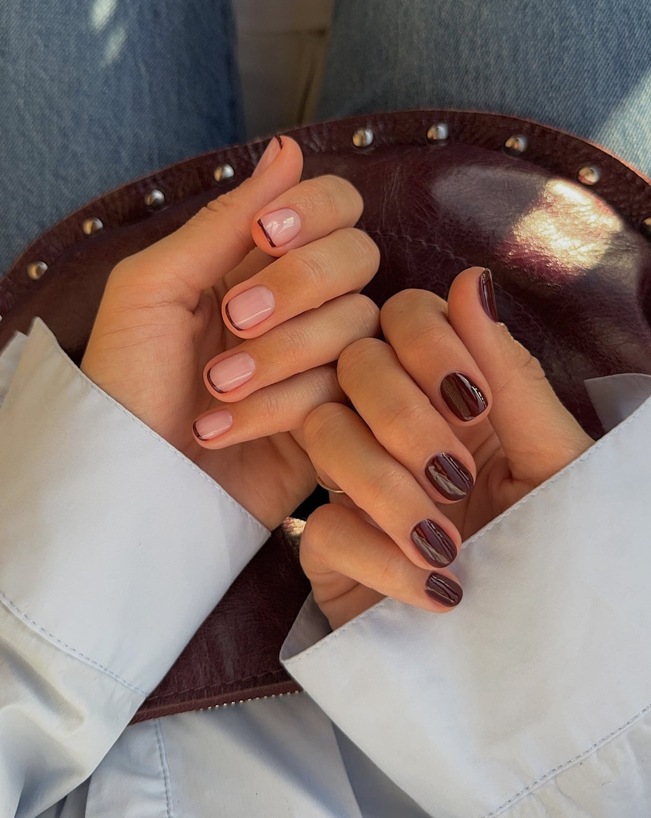 Minimalist Dark Brown Line Short Square Nails Minimalist Dark Brown Line Short Square Nails — Nails for Brunettes