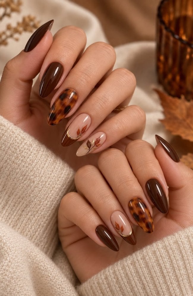 Brown Tortoiseshell Medium Almond Nails Brown Tortoiseshell Medium Almond Nails — Nails for Brunettes