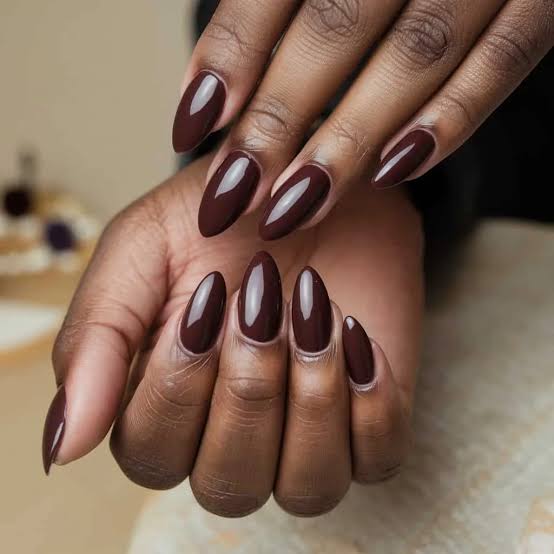 Medium Almond Deep Brown Glossy Nails Medium Almond Deep Brown Glossy Nails — Nails for Dark Skin