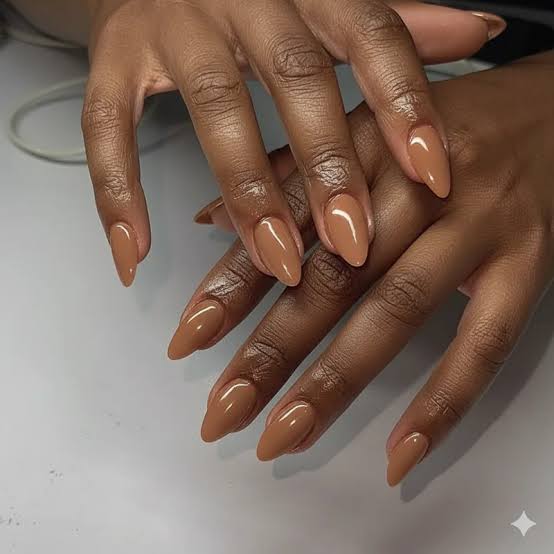 Short Almond Warm Medium Brown Glossy Nails Short Almond Warm Medium Brown Glossy Nails — Nails for Dark Skin