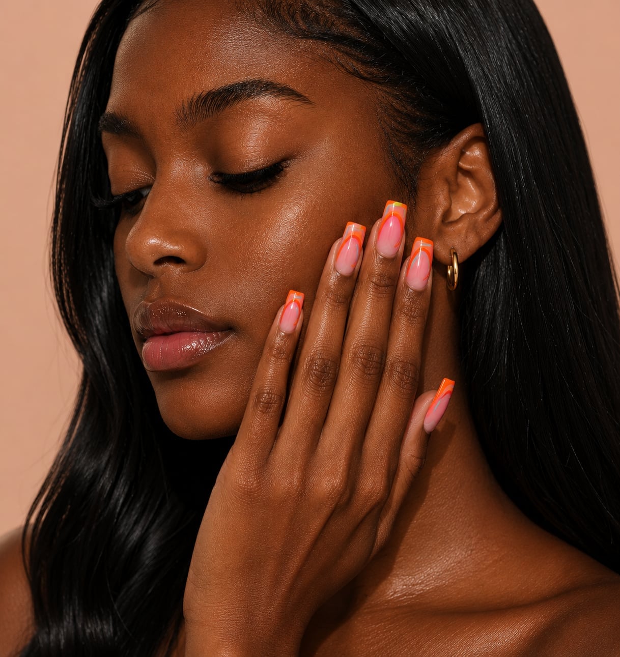 Short Square Neon Orange Yellow French Tips Short Square Neon Orange Yellow French Tips — Nails for Dark Skin