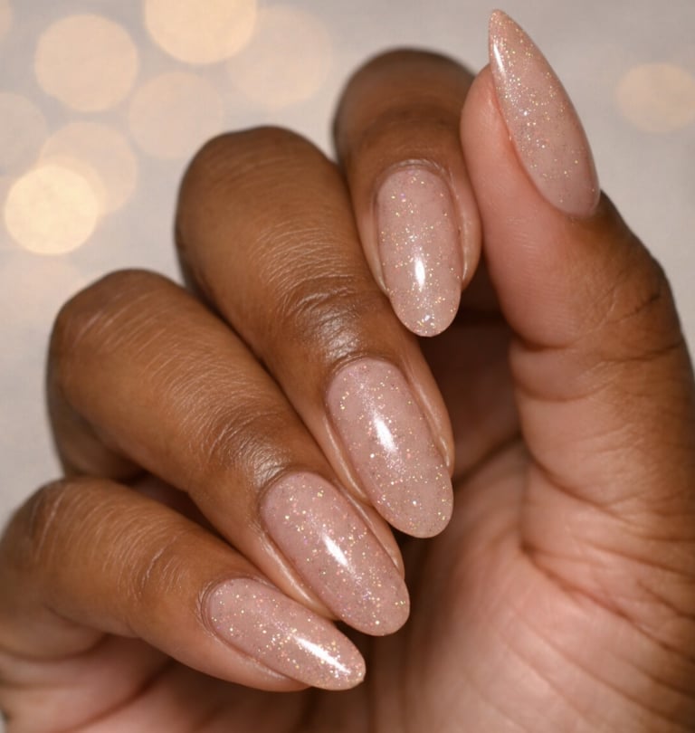Medium Oval Peachy-Pink Shimmer Glossy Nails Medium Oval Peachy-Pink Shimmer Glossy Nails — Nails for Dark Skin