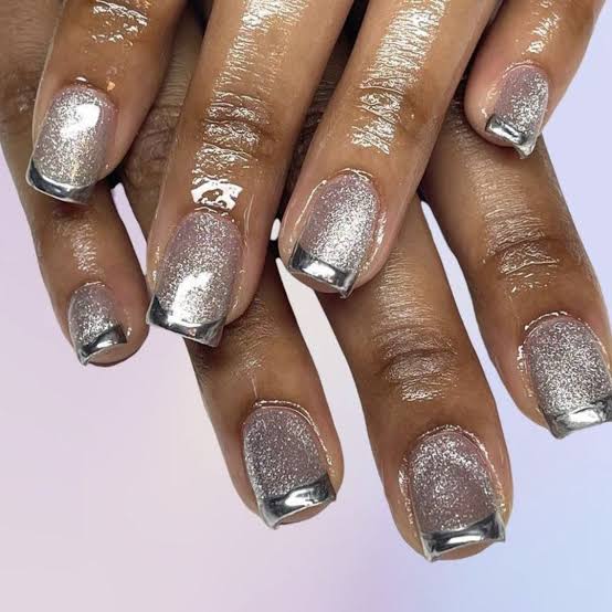 Short Square Silver Glitter French Tip Nails Short Square Silver Glitter French Tip Nails — Nails for Dark Skin