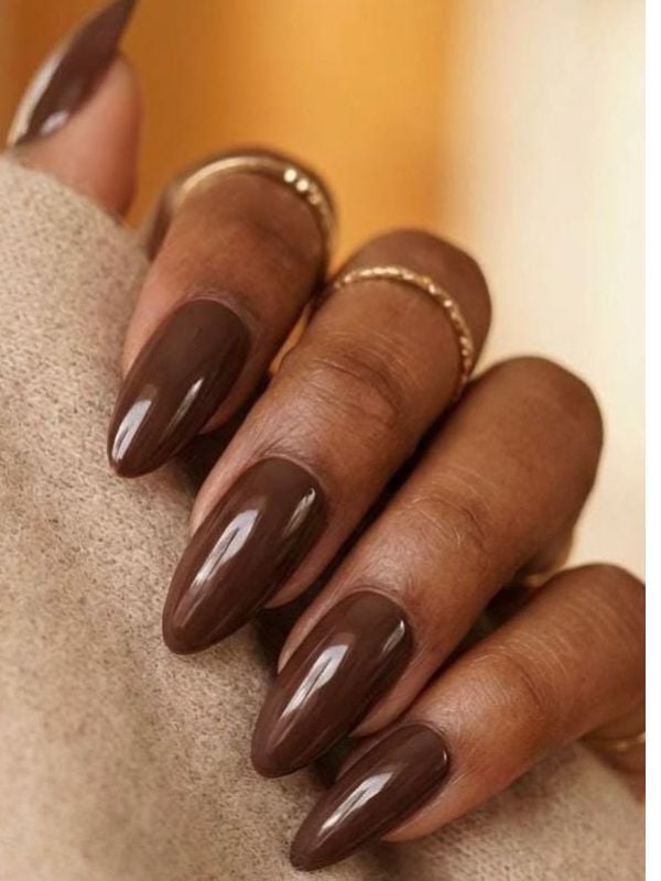 Long Almond Rich Chocolate Brown Glossy Nails Long Almond Rich Chocolate Brown Glossy Nails — Nails for Dark Skin