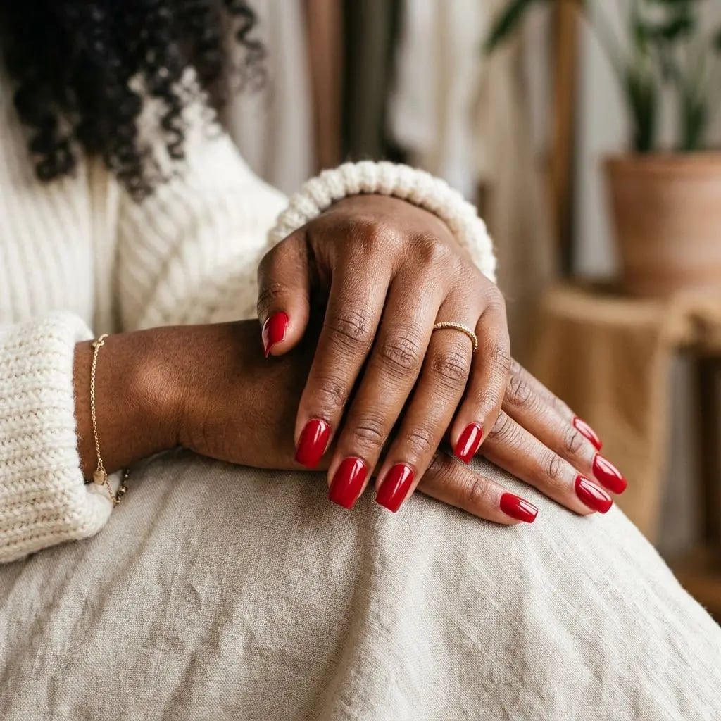 Short Square Vibrant Red Glossy Nails Short Square Vibrant Red Glossy Nails — Nails for Dark Skin