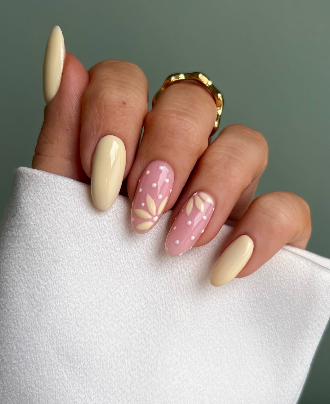 Pale Yellow Oval Nails with White Floral Accent Pale Yellow Oval Nails with White Floral Accent — Nails for Everyday