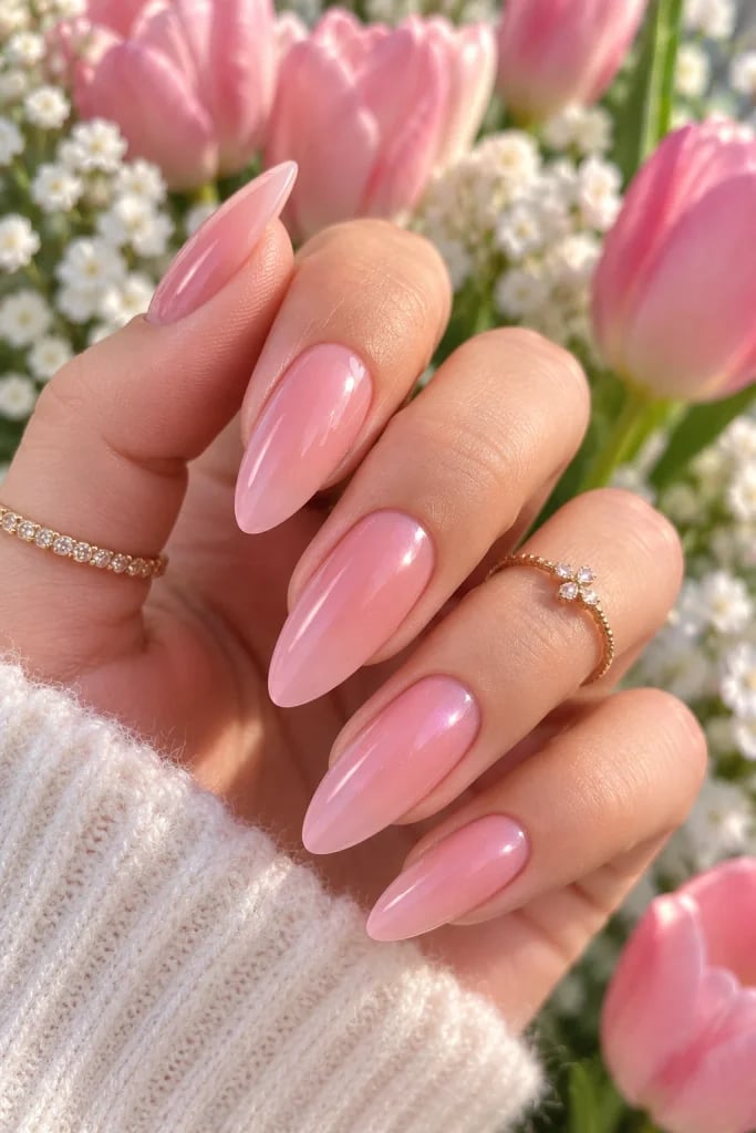 Sheer Pink Glossy Medium-Long Almond Nails Sheer Pink Glossy Medium-Long Almond Nails — Nails for Everyday