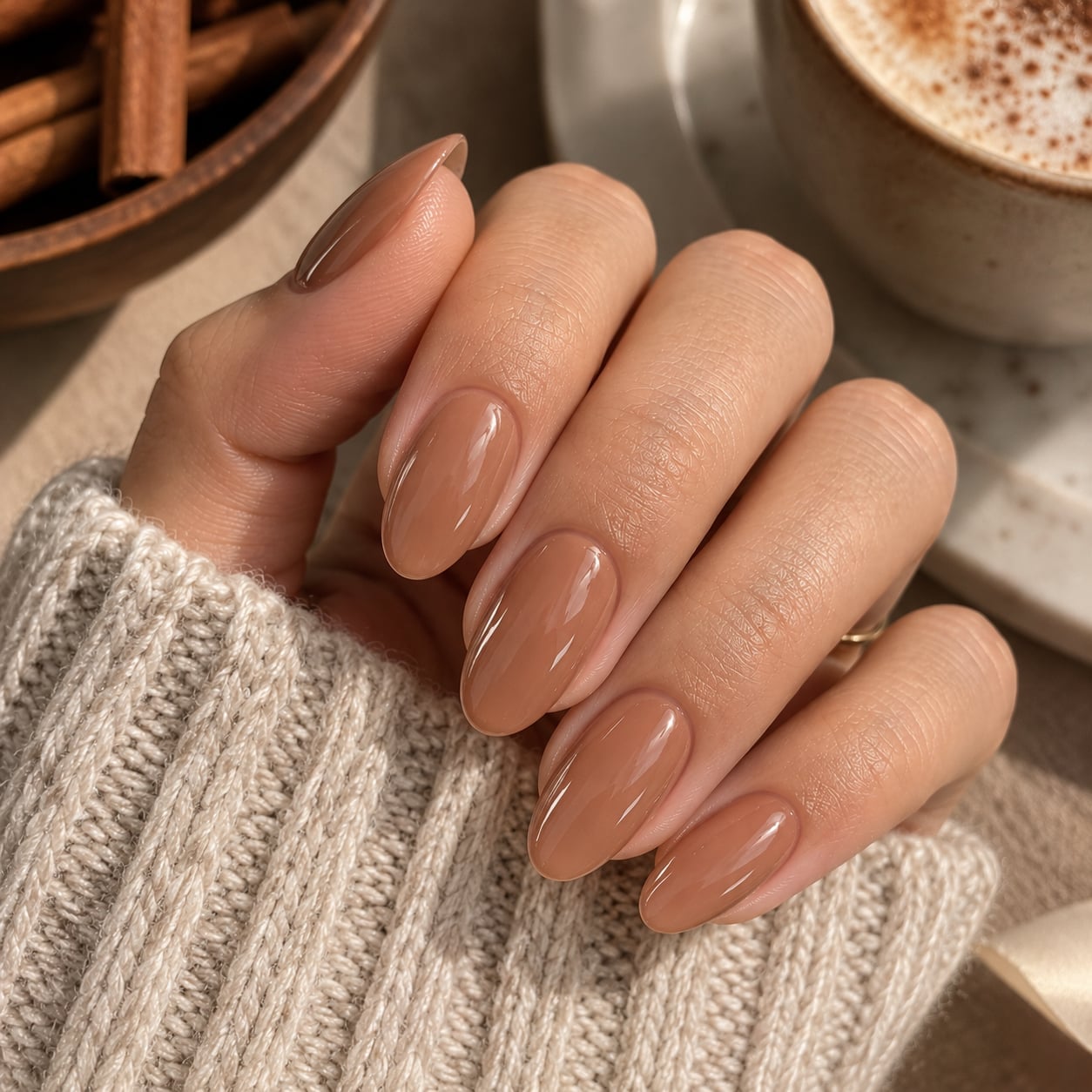 Solid Medium Brown Glossy Oval Nails, Close-Up Take Solid Medium Brown Glossy Oval Nails, Close-Up Take — Nails for Everyday