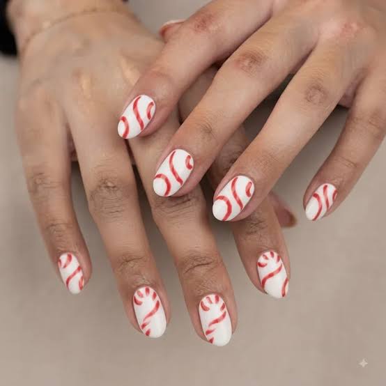 Short Oval Nails With Candy Cane Christmas Design Short Oval Nails With Candy Cane Christmas Design — Nails for Kids