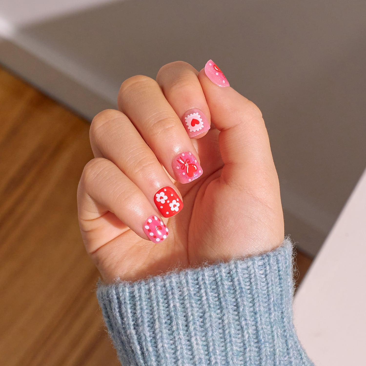 Short Square Pink And Red Nails With Polka Dots And Hearts Short Square Pink And Red Nails With Polka Dots And Hearts — Nails for Kids