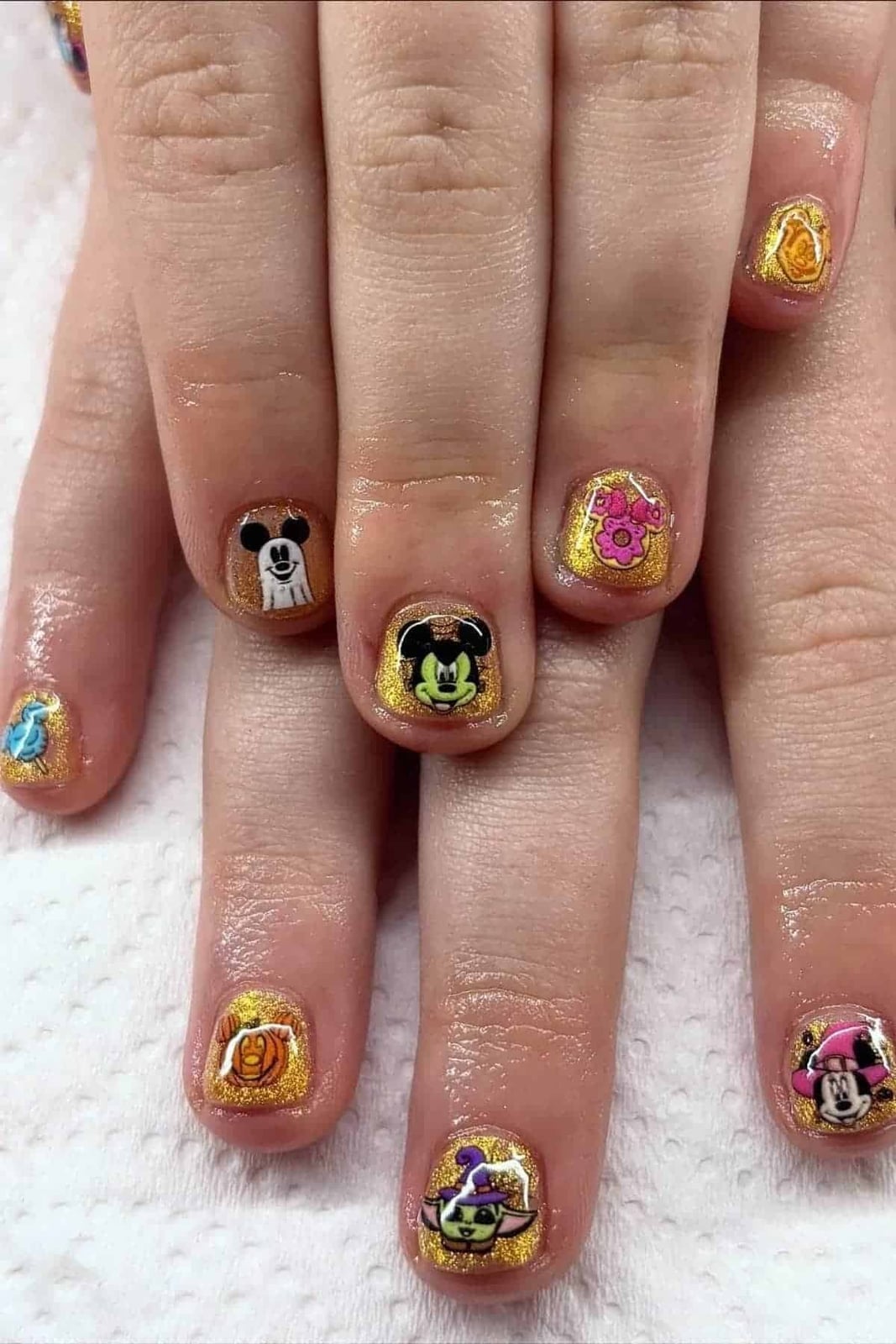 Short Square Gold Glitter Nails With Disney Character Decals Short Square Gold Glitter Nails With Disney Character Decals — Nails for Kids