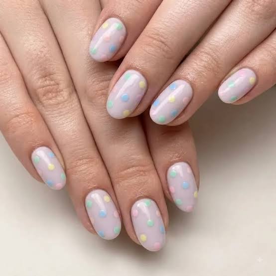 Short Almond Nails With Light Purple And Pastel Dot, Close-Up Take Short Almond Nails With Light Purple And Pastel Dot, Close-Up Take — Nails for Kids