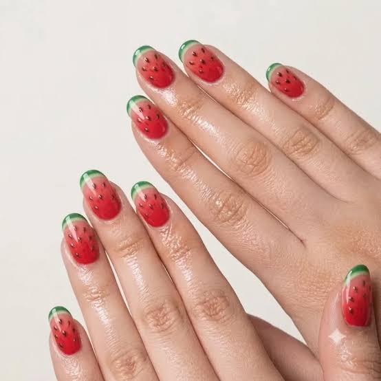Short Oval Nails With Watermelon Slice Design Short Oval Nails With Watermelon Slice Design — Nails for Kids