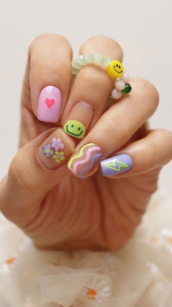 Short Square Nails With Mixed Playful Designs Short Square Nails With Mixed Playful Designs — Nails for Kids
