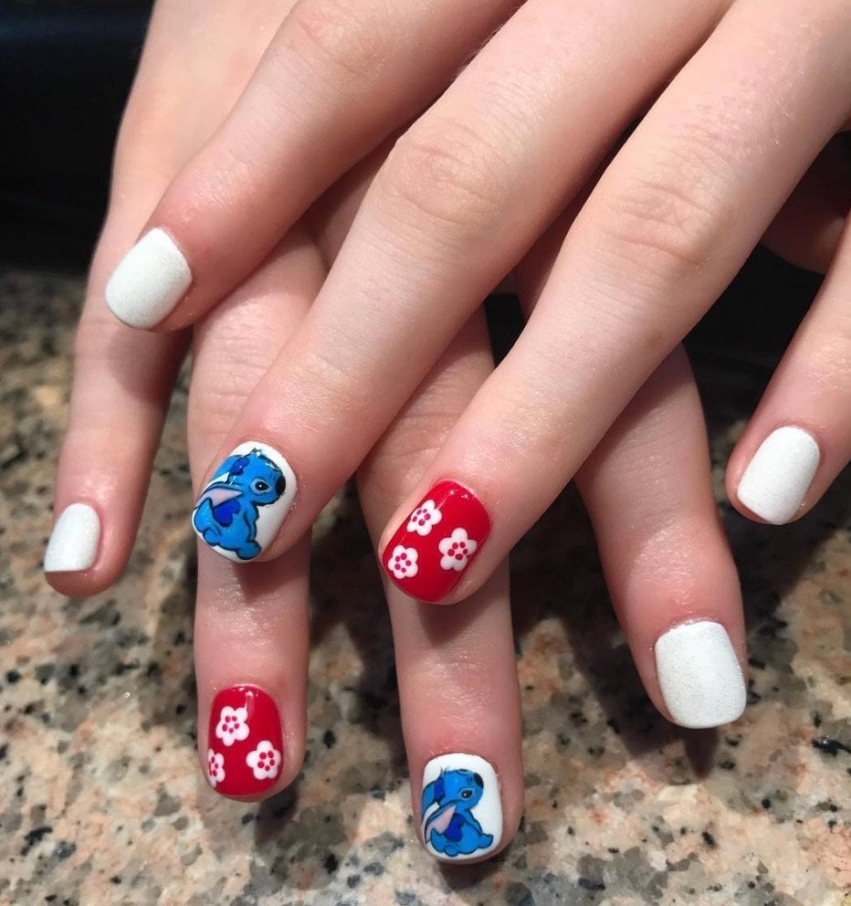 Short Square Nails With Stitch Character And Floral, Close-Up Take Short Square Nails With Stitch Character And Floral, Close-Up Take — Nails for Kids