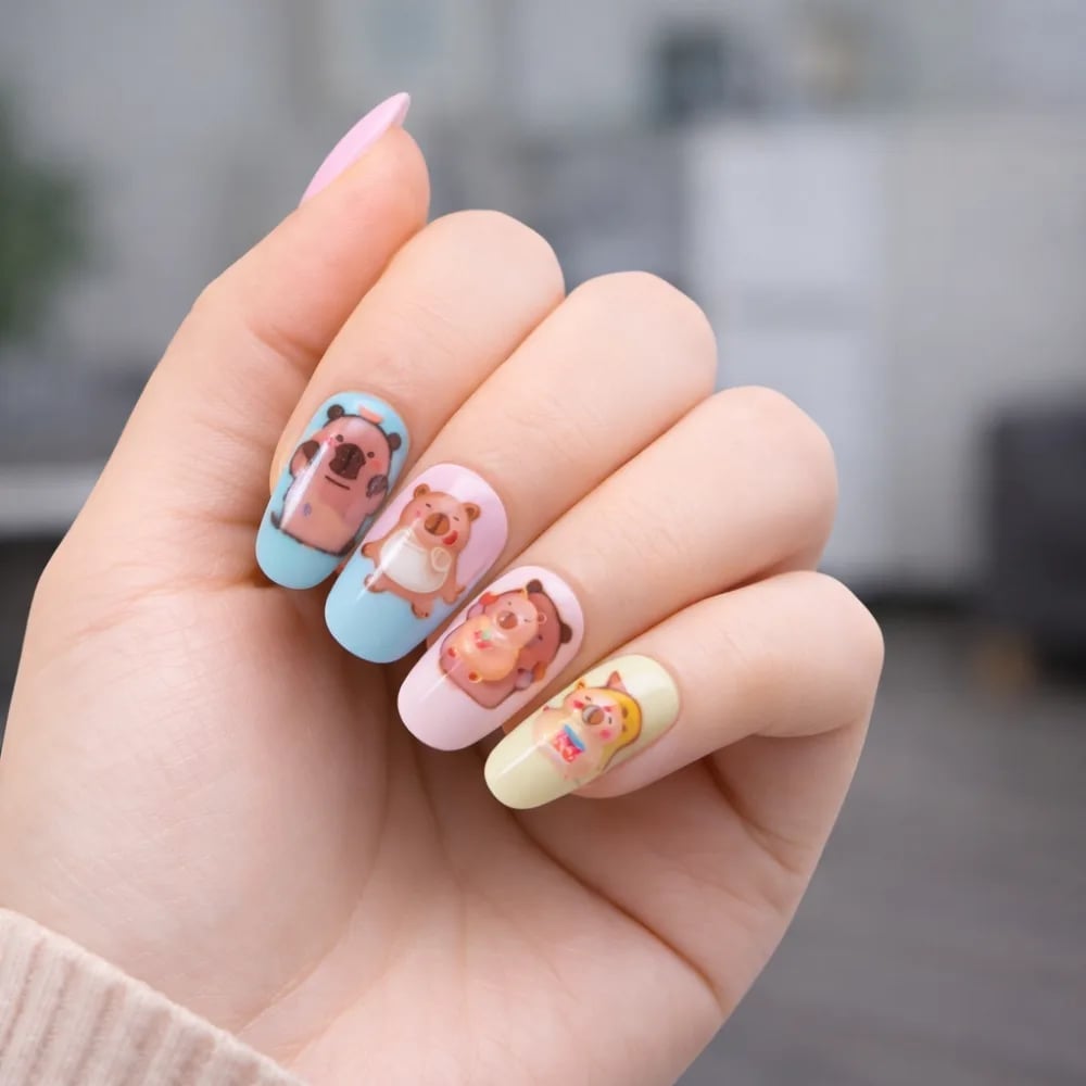 Medium Almond Nails With Cartoon Bear Character Decals Medium Almond Nails With Cartoon Bear Character Decals — Nails for Kids