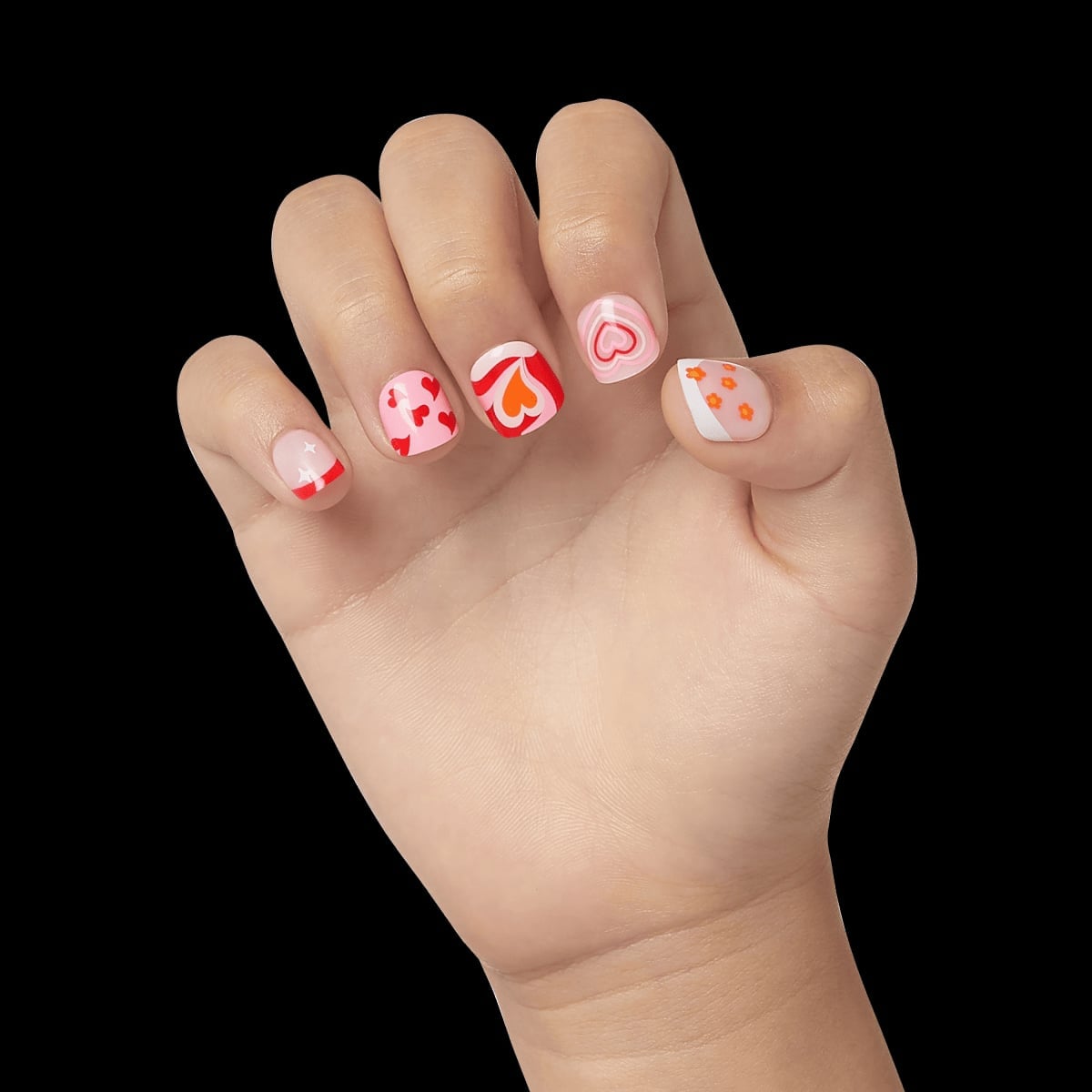 Short Almond Nails With Heart And Flower Motifs Short Almond Nails With Heart And Flower Motifs — Nails for Kids