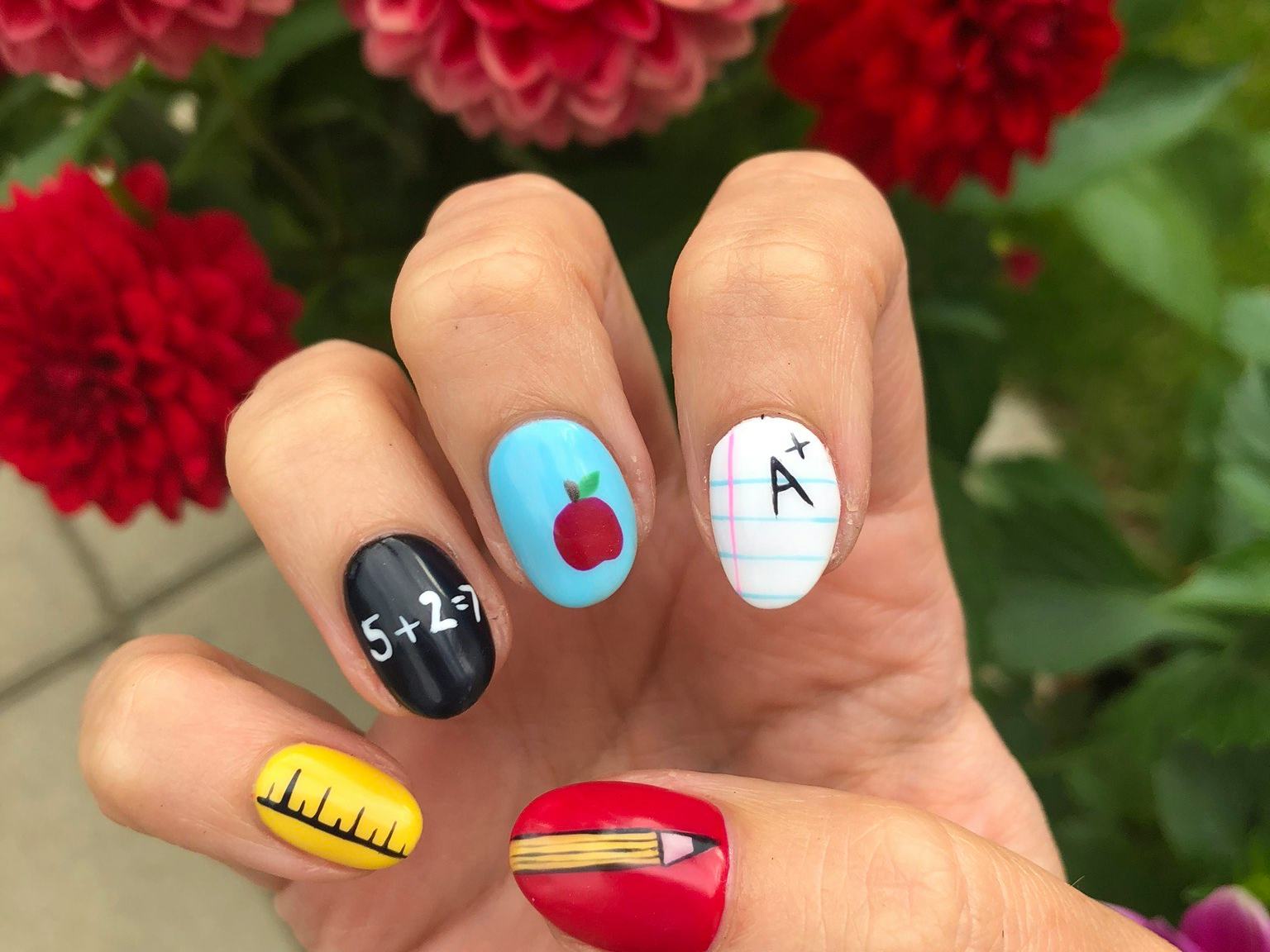 Short Oval Nails With Back-to-School Theme Art Short Oval Nails With Back-to-School Theme Art — Nails for Kids