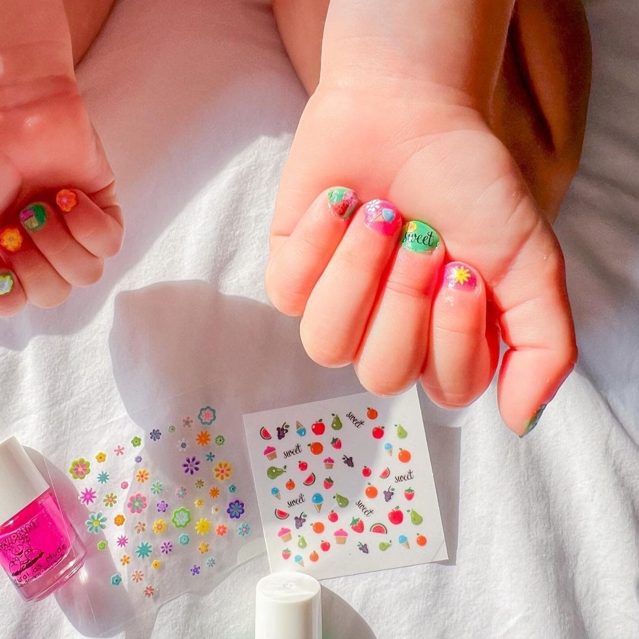 Short Nails With Colorful Flower And Fruit Stickers Short Nails With Colorful Flower And Fruit Stickers — Nails for Kids