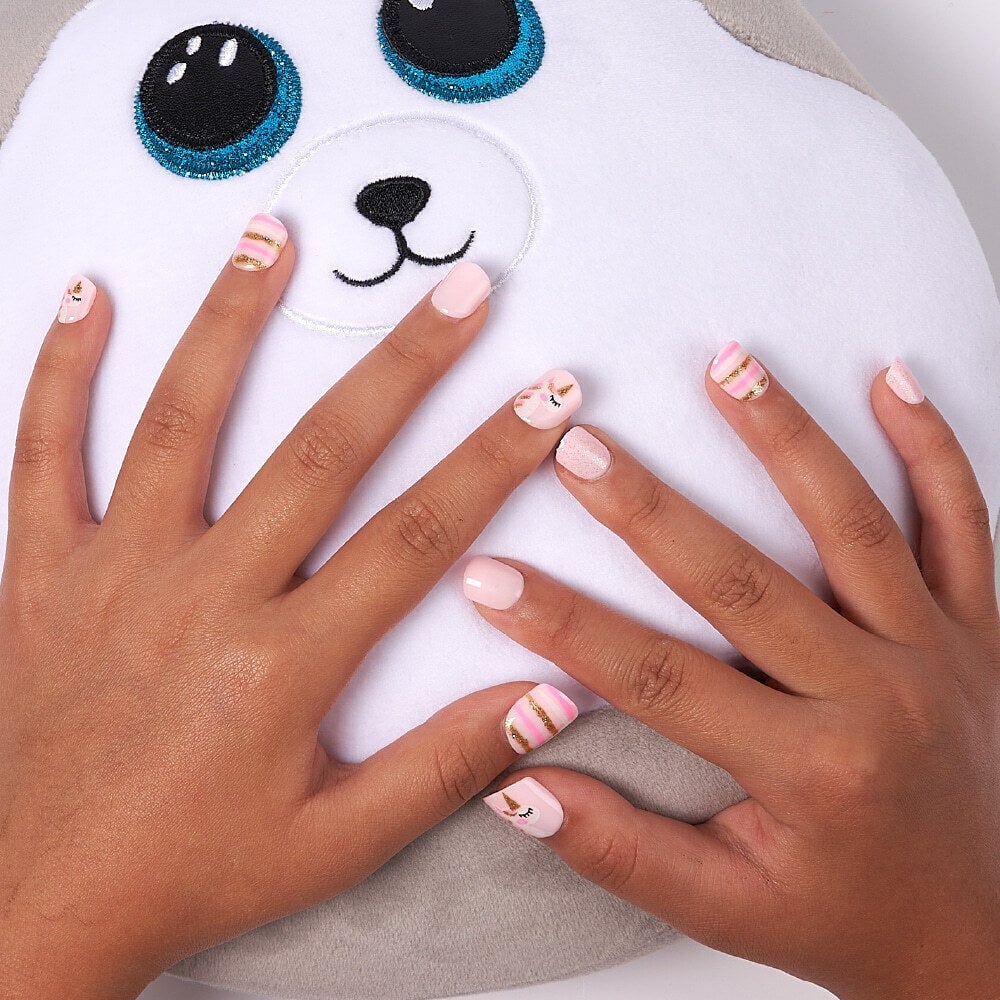 Pale Pink Gold Stripe White Unicorn Nails Pale Pink Gold Stripe White Unicorn Nails — Nails for Little Girls