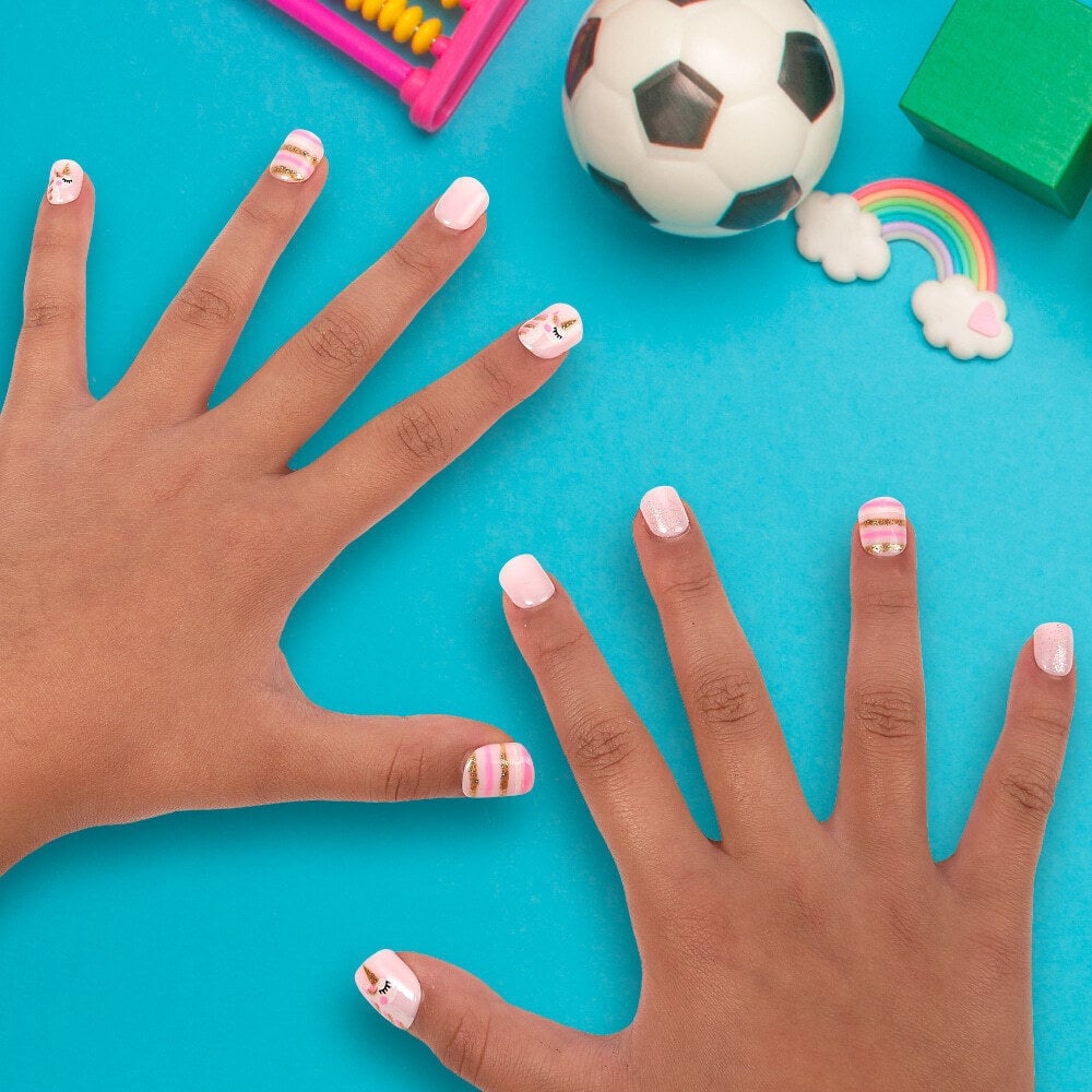 Unicorn Face Gold Stripe Short Square Nails Unicorn Face Gold Stripe Short Square Nails — Nails for Little Girls
