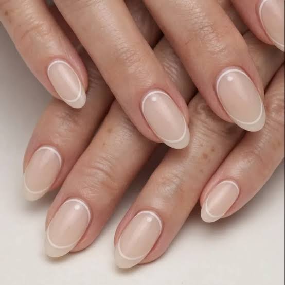 Nude with Silver Line Art Medium Almond Nails Nude with Silver Line Art Medium Almond Nails — Nails for Older Women