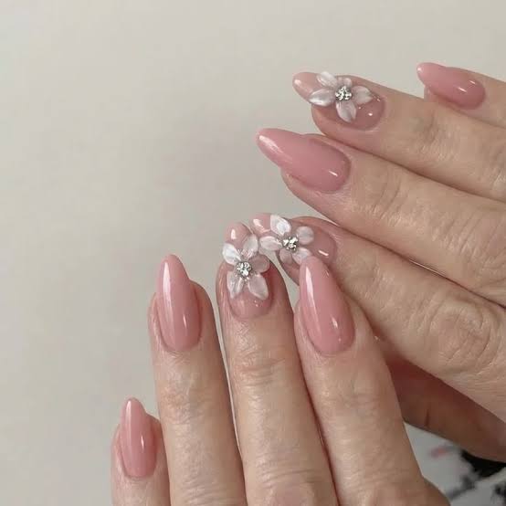 Soft Pink with 3D Floral Crystals Medium Almond Nails Soft Pink with 3D Floral Crystals Medium Almond Nails — Nails for Older Women