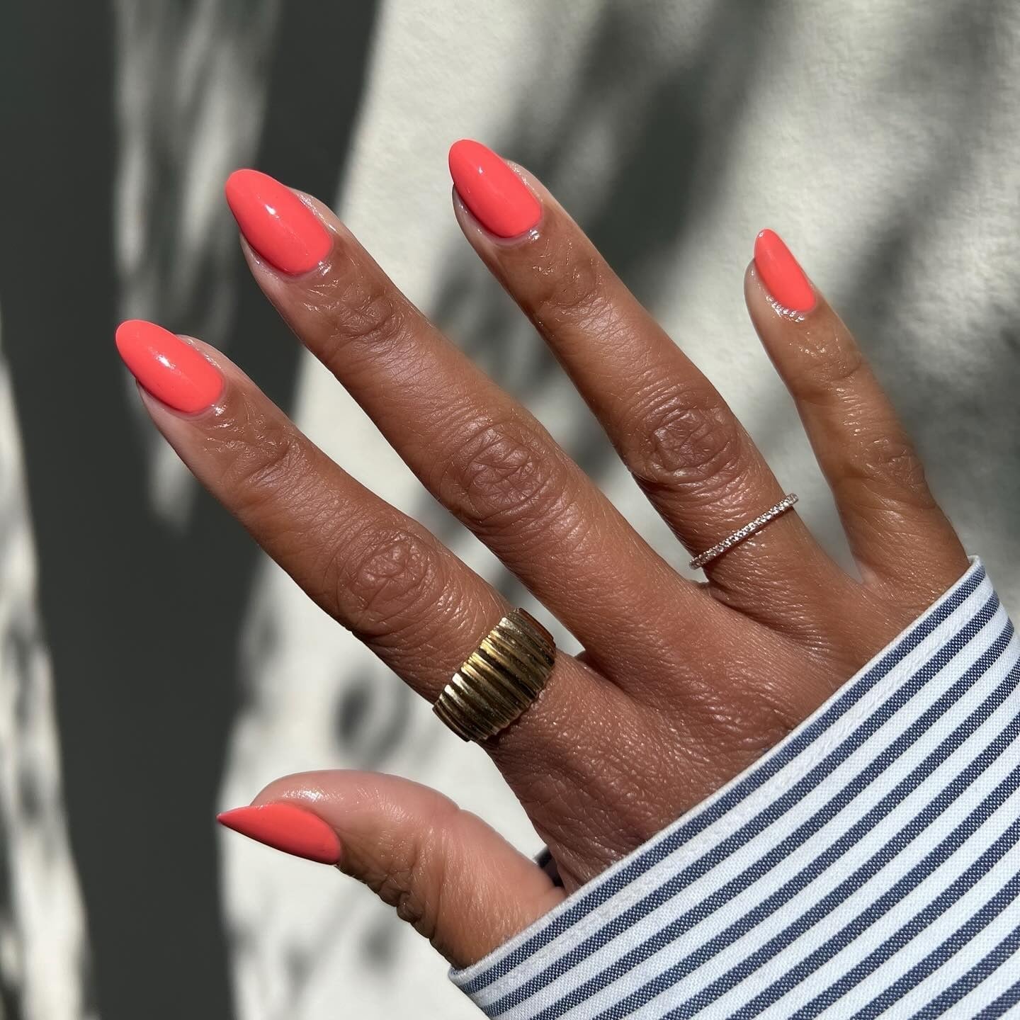 Bright Coral Glossy Medium Almond Nails Bright Coral Glossy Medium Almond Nails — Nails for Older Women