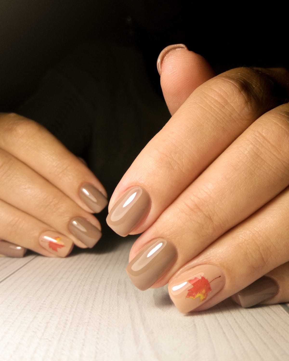 Nude and Brown Fall Leaf Motif Short Almond Nails Nude and Brown Fall Leaf Motif Short Almond Nails — Nails for Older Women