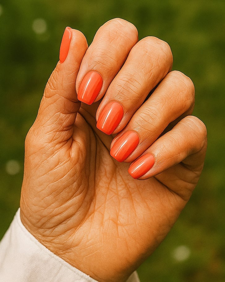 Vibrant Coral Orange Glossy Short Square Nails Vibrant Coral Orange Glossy Short Square Nails — Nails for Older Women