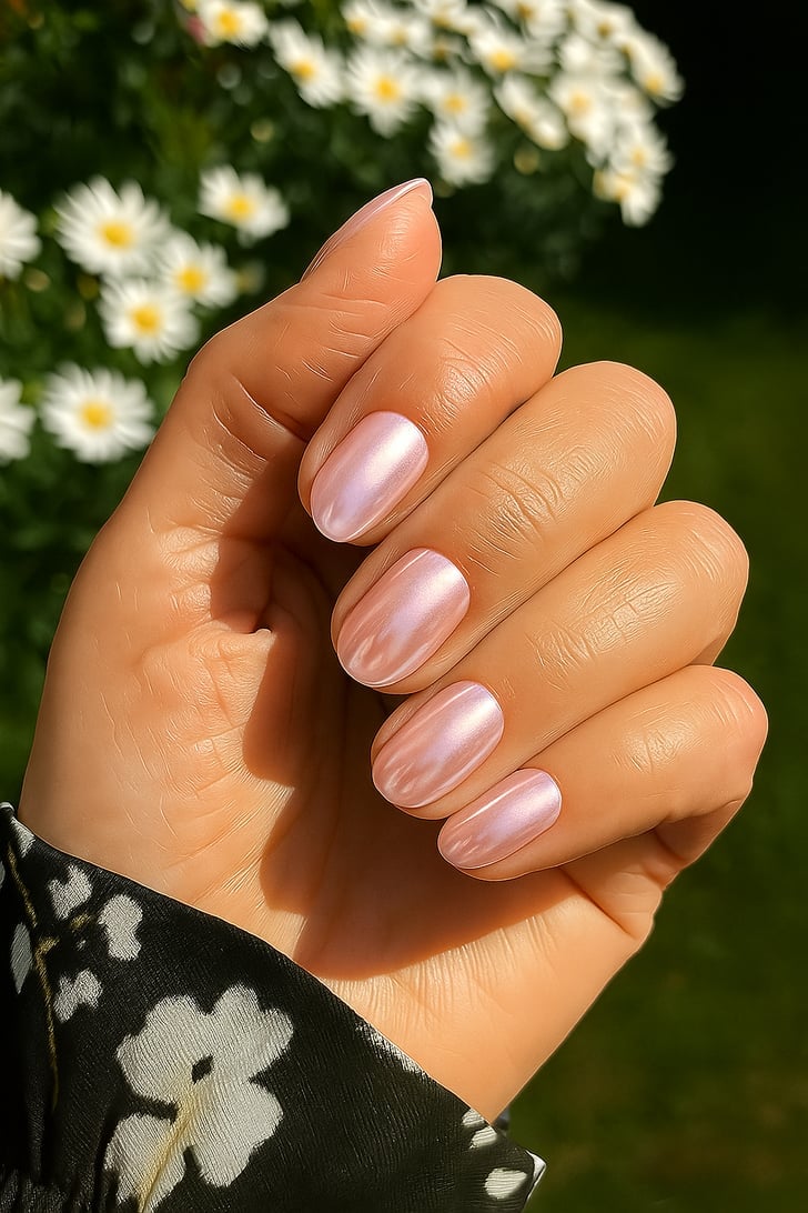 Pale Pink Pearlescent Shimmer Short Round Nails Pale Pink Pearlescent Shimmer Short Round Nails — Nails for Older Women