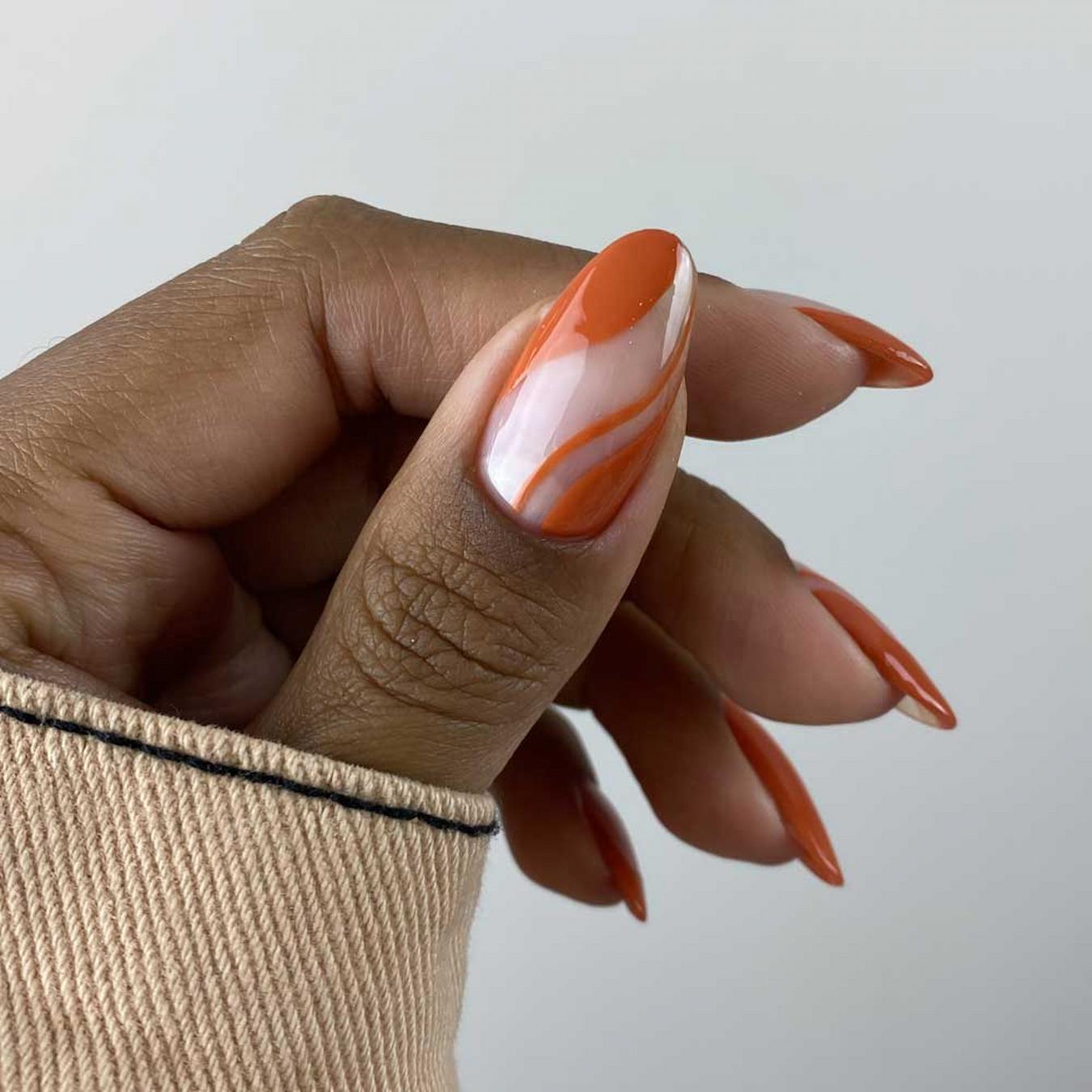 Long Almond Orange Swirl Accent Nails — Nails for Olive Skin