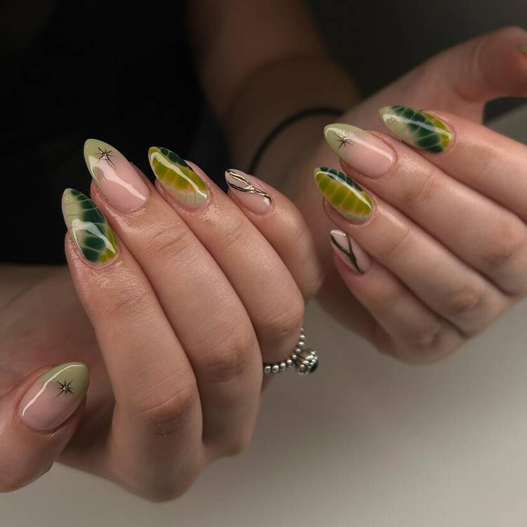 Medium Almond Marble Green Yellow Nails — Nails for Olive Skin