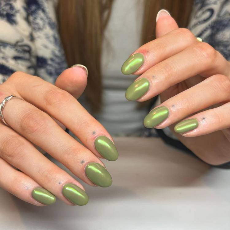 Milky Shimmer Olive Green Short Almond Nails — Nails for Olive Skin