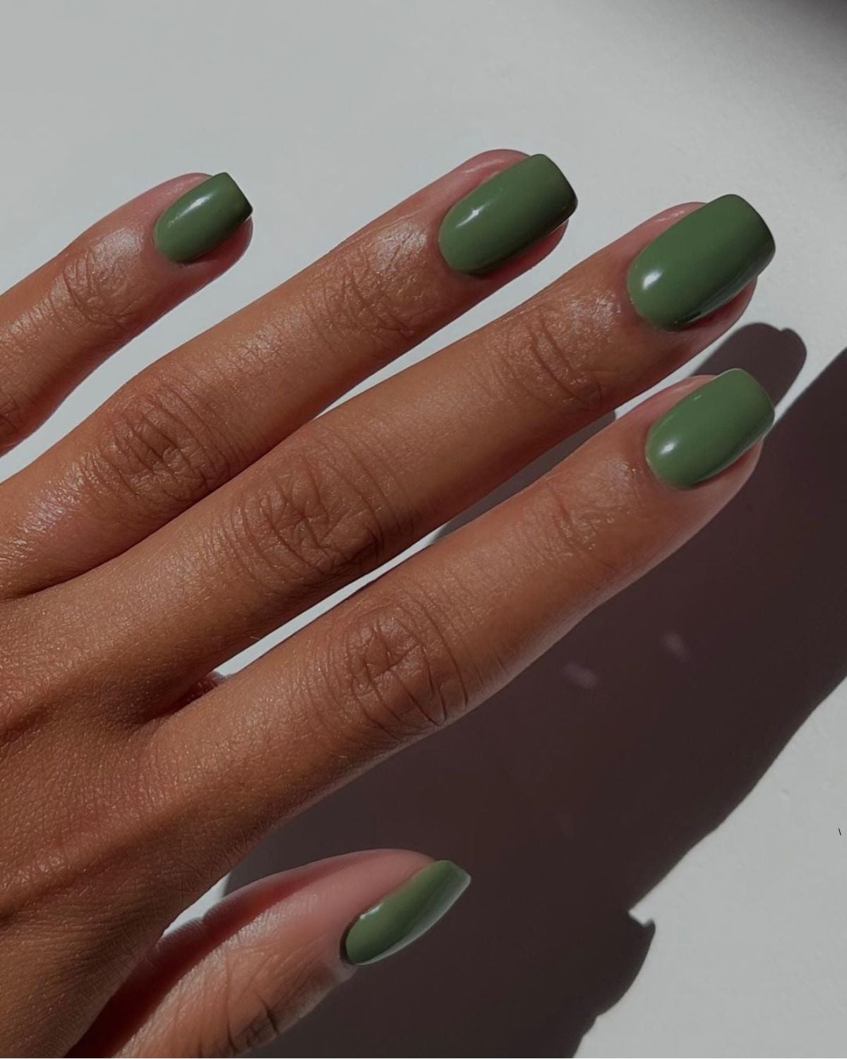Solid Glossy Olive Green Short Square Nails — Nails for Olive Skin