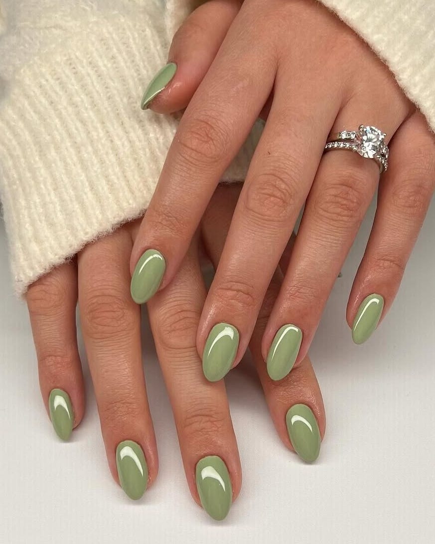 Light Olive Green Crescent Moon Oval Nails — Nails for Olive Skin