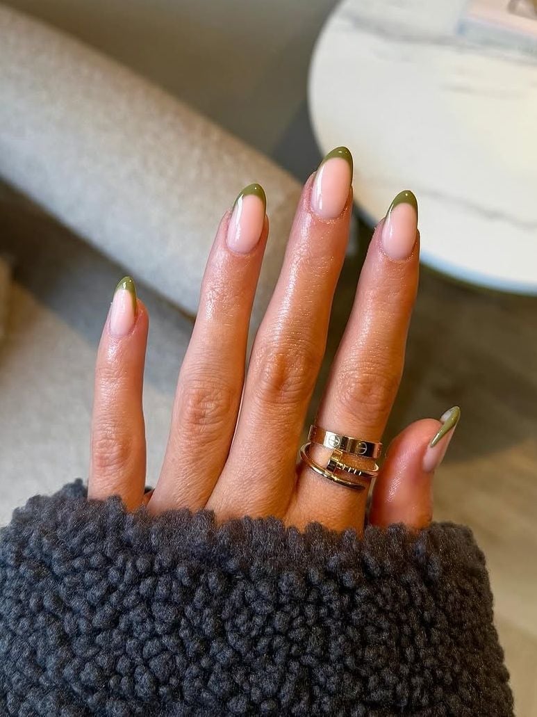 Sheer Pink Olive Green French Almond Nails — Nails for Olive Skin